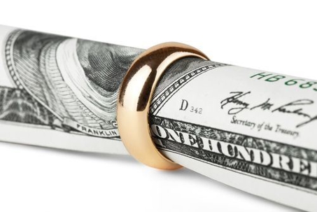 A gold wedding band around a one-hundred-dollar bill, symbolizing divorce.