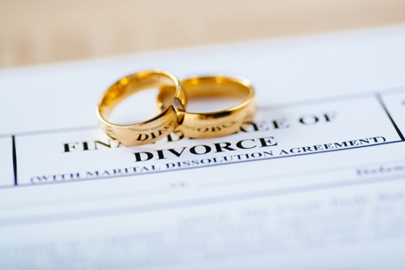 Two broken golden wedding rings divorce
