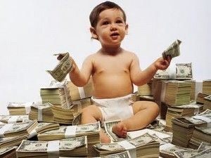 a small child in a diaper sits among stacks of dollar bills symbolizing child support